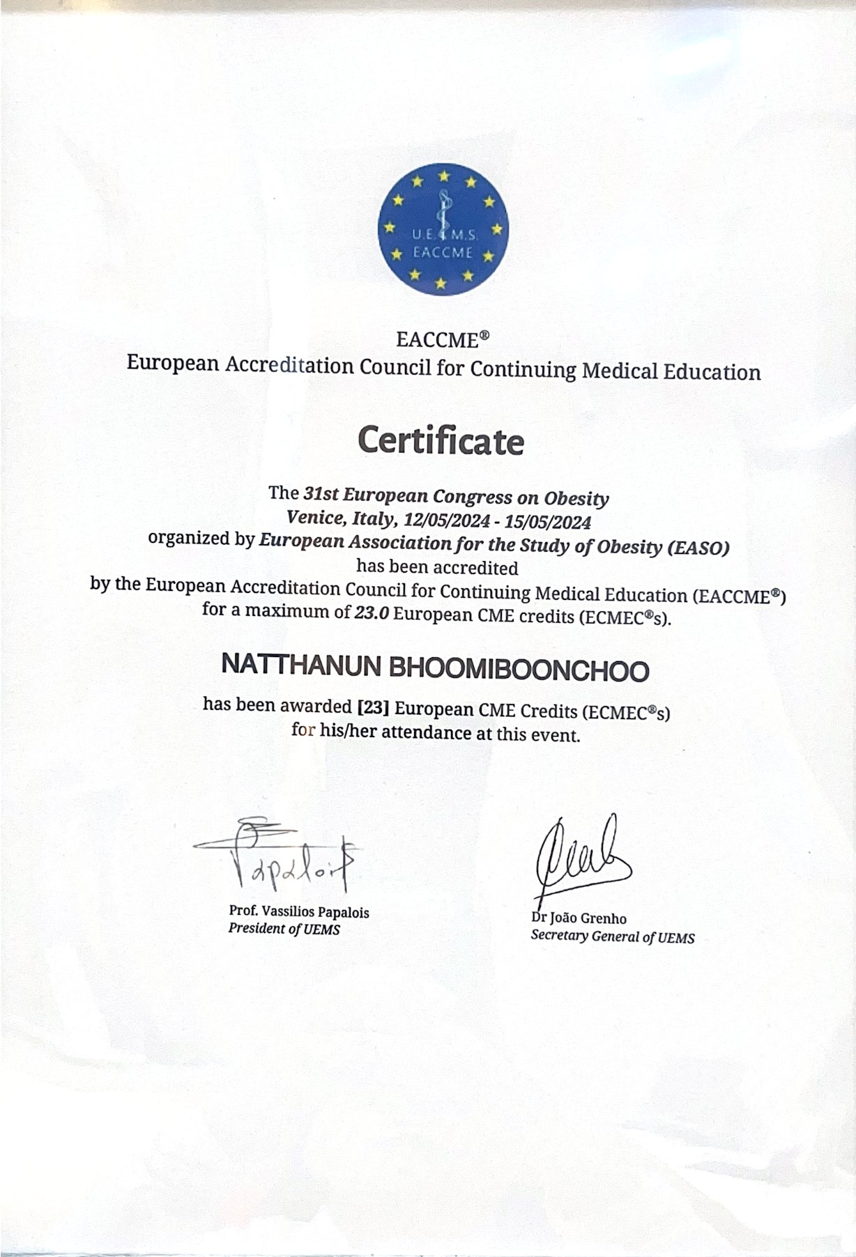 EACCME Certificate – 31st European Congress on Obesity