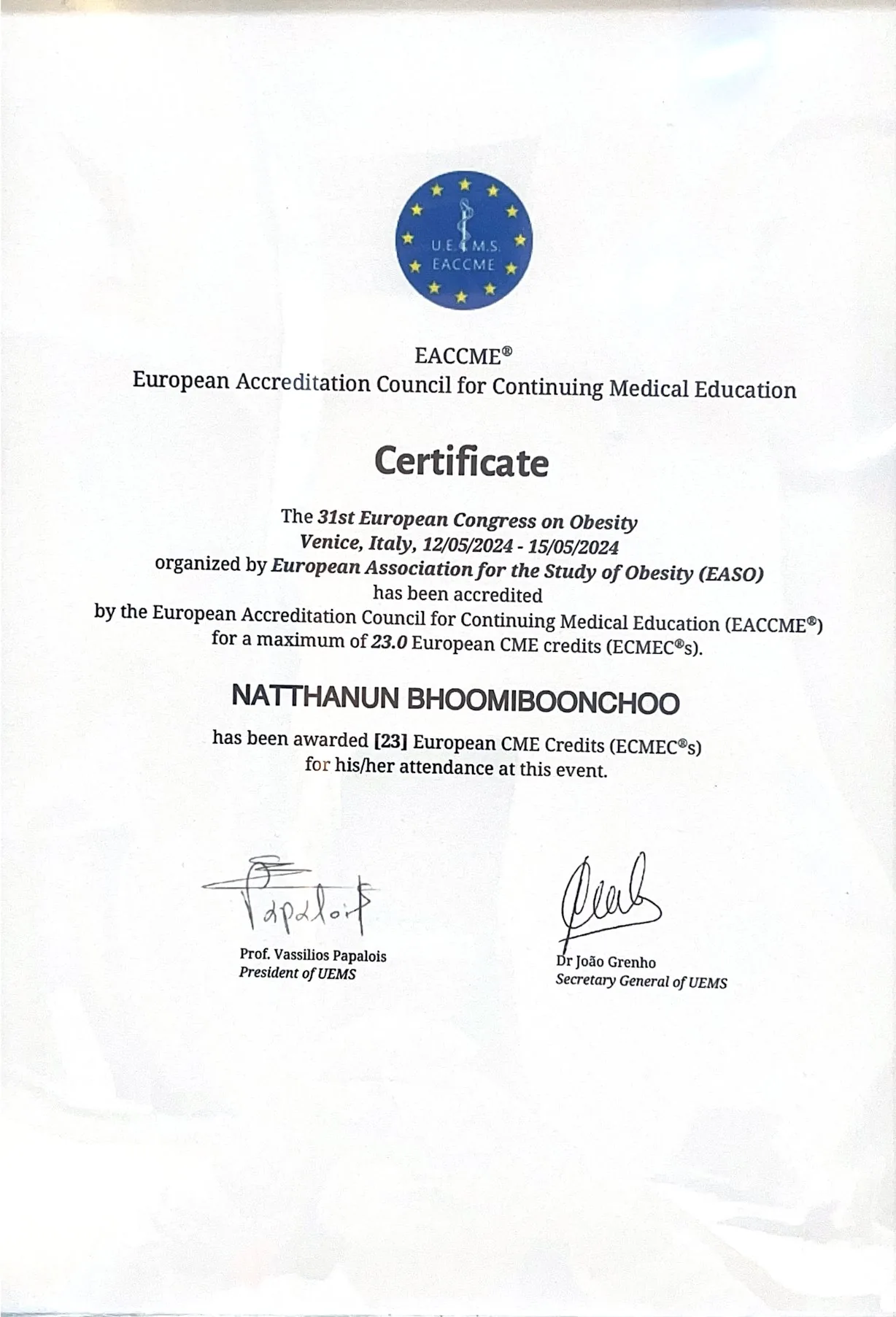 EACCME Certificate – 31st European Congress on Obesity